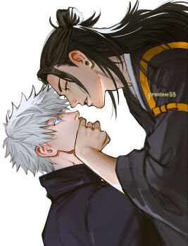 Rule 34 | 2boys, artist name, black eyes, black hair, black jacket, blue eyes, collared jacket, colored eyelashes, commentary request, covered mouth, covering another's mouth, earrings, eye contact, eyelashes, getou suguru, gojou satoru, hair between eyes, hair bun, half updo, hand up, highres, jacket, jewelry, jujutsu kaisen, long hair, long sleeves, looking at another, male focus, mistermagnolia, multiple boys, parted lips, profile, short hair, simple background, single hair bun, twitter username, upper body, white background, white hair, wide sleeves, yaoi