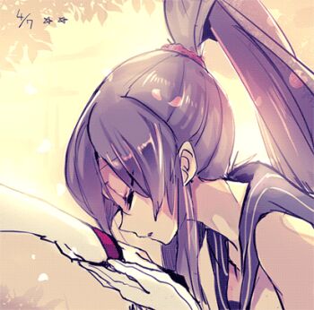 2girls cherry_blossoms cis_(carcharias) closed_eyes commentary_request from_side gloves holding_hands kantai_collection leaf long_hair lowres multiple_girls parted_lips ponytail profile sailor_collar sleeveless sleeves_past_wrists solo_focus star_(symbol) upper_body white_gloves yahagi_(kancolle) yamato_(kancolle)