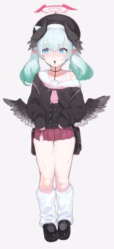 1girl absurdres beret black_shirt black_wings blue_archive blue_eyes blush commentary cosplay densetsu.exe fake_halo feathered_wings full_body halo hat head_wings highres kneehighs koharu_(blue_archive) koharu_(blue_archive)_(cosplay) loose_socks low_wings miniskirt mint_fantome mirumiruchan neckerchief open_mouth pink_neckerchief pleated_skirt sailor_collar shirt shoes simple_background skirt socks solo standing twintails virtual_youtuber white_background wings
