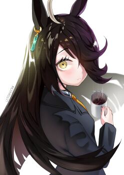 Rule 34 | 1girl, ahoge, animal ears, black choker, black coat, black hair, blush, choker, closed mouth, coat, coffee mug, collared shirt, cup, ear tag, earrings, hair between eyes, highres, holding, holding cup, horse ears, horse girl, jewelry, long bangs, long hair, long hair between eyes, long sleeves, looking at viewer, lutrinachi, manhattan cafe (creeping shadow) (umamusume), manhattan cafe (umamusume), mug, multicolored hair, necktie, shirt, single earring, solo, steaming cup, umamusume, white hair, yellow eyes, yellow necktie