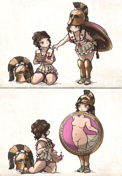 2girls armor arms_behind_back aspis blush bowl breasts brown_eyes brown_hair cleavage commentary corinthian_helmet curly_hair dropping english_commentary english_text foot_wraps greaves greek_armor highres holding holding_bowl hoplite hoplitissa_(ironlily) ironlily linothorax medium_breasts multiple_girls original plume scabbard shadow sheath shield shoulder_armor sword tapping_shoulder thick_thighs thighs weapon white_background yuri
