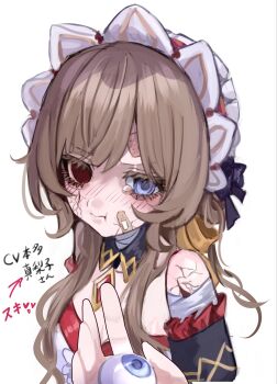 1girl 1other android bandaid bandaid_on_face bare_shoulders blue_eyes brown_hair closed_mouth cracked_skin eyeball furrowed_brow genshin_impact highres holding holding_eyeball jishou_210 long_hair looking_at_viewer missing_eye out_of_frame pout pov pov_hands sandrone_(genshin_impact) simple_background solo_focus tearing_up translation_request upper_body white_background