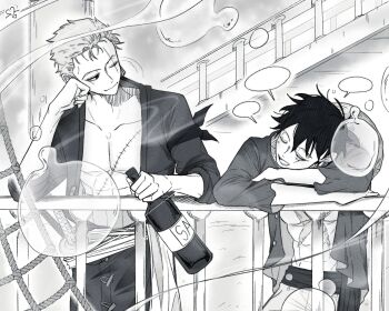 Rule 34 | 2boys, bottle, chest strap, closed eyes, closed mouth, collarbone, commentary, cowboy shot, cross scar, elbow rest, facial scar, greyscale, hat, head rest, highres, holding, holding bottle, looking at another, male focus, monkey d. luffy, monochrome, multiple boys, one piece, open clothes, open mouth, open shirt, pectorals, railing, roronoa zoro, sash, scar, scar across eye, scar on cheek, scar on face, short hair, smile, speech bubble, straw hat, ttoottoo, unworn hat, unworn headwear