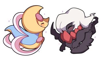 absurdres black_skin blush closed_eyes colored_skin cresselia darkrai floating_hair full_body gen_4_pokemon ghost highres legendary_pokemon mythical_pokemon nintendo no_humans pokemon pokemon_(creature) pokemon_focus sevi_(seviyummy) simple_background whisp