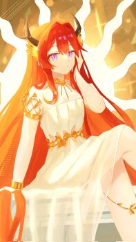 Rule 34 | 1girl, ambience synesthesia, arknights, bare shoulders, black horns, bracelet, breasts, cleavage, collar, commentary, demon horns, detached collar, dress, gold bracelet, highres, horns, jewelry, l4zaruu, long hair, official alternate costume, purple eyes, red hair, sleeveless, sleeveless dress, solo, strapless, strapless dress, surtr (arknights), surtr (prelude to transcendence) (arknights), twitter username, very long hair, white dress