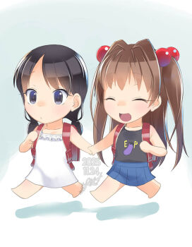 2girls :d ^_^ backpack bag bare_arms bare_shoulders barefoot black_hair black_tank_top blush breasts brown_hair chibi closed_eyes closed_mouth clothes_writing commentary_request dated dress frilled_dress frills grey_eyes hair_bobbles hair_intakes hair_ornament holding_hands long_hair low_twintails multiple_girls open_mouth original randoseru short_twintails signature sleeveless sleeveless_dress small_breasts smile tank_top twintails two_side_up very_long_hair white_dress yone_kinji