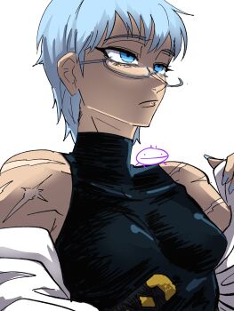 1girl absurdres artist_self-insert black_shirt blue_eyes blue_hair blue_nails breasts closed_mouth expressionless glasses highres kagurabachi looking_to_the_side nail_polish off_shoulder scar scar_on_arm scar_on_shoulder shirakai_kiri shirt short_hair simple_background sleeveless sleeveless_turtleneck small_breasts solo turtleneck white_background yowhza