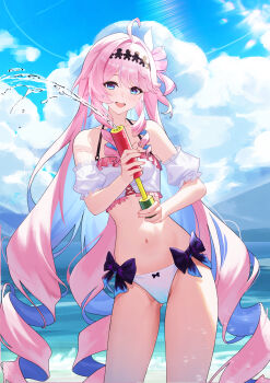 1girl absurdres ahoge alternate_costume bare_shoulders bikini blue_eyes blue_hair blue_sky candy_shunya closed_mouth colored_inner_hair commentary day denia_(wuthering_waves) detached_sleeves highres holding long_hair looking_at_viewer multicolored_hair navel outdoors pink_hair revision sky smile solo stomach swimsuit white_bikini wuthering_waves