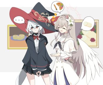 ... 2girls :d ^_^ art_gallery black_hat black_jacket black_neckerchief black_skirt blue_archive braid brown_eyes brown_hair brown_halo buttons cake capelet closed_eyes closed_mouth collared_shirt commentary_request cowboy_shot crown_braid double-breasted dress earrings eri_(blue_archive) feathered_wings flower food grey_hair hair_flower hair_intakes hair_ornament halo hat indoors jacket jewelry jitome long_dress long_hair long_sleeves looking_to_the_side low_ponytail low_wings miniskirt multiple_girls nagisa_(blue_archive) neckerchief nervous_sweating notice_lines open_clothes open_jacket open_mouth painting_(object) pink_flower pink_halo pleated_skirt ponytail puffy_long_sleeves puffy_sleeves school_uniform shaded_face shippow shirt sidelocks single_braid skirt smile speech_bubble spoken_ellipsis spoken_object sweat sweatdrop swiss_roll trait_connection v_arms very_long_hair white_capelet white_dress white_flower white_shirt white_wings wings witch_hat