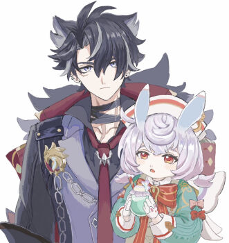 1boy 1girl animal_ears apron aqua_shirt black_choker black_hair black_shirt blue_eyes bow bowtie chain choker closed_mouth collarbone collared_shirt commentary_request crossed_bangs earclip earrings emblem fur-trimmed_jacket fur_trim genshin_impact gloves grey_hair hair_between_eyes hair_ears hair_ornament hands_up hat height_difference highres jacket jewelry lapels large_bow long_sleeves looking_at_another looking_at_viewer low_twintails multicolored_hair natsuyasumi100 necktie nurse_cap open_clothes open_jacket open_mouth pink_bow pom_pom_(clothes) pom_pom_hair_ornament puffy_long_sleeves puffy_sleeves purple_hair purple_vest red_bow red_bowtie red_eyes red_jacket red_necktie shirt short_hair short_twintails sigewinne_(genshin_impact) simple_background striped_bow striped_bowtie striped_clothes teeth tongue twintails two-tone_hair upper_body v-shaped_eyebrows vest white_apron white_background white_gloves white_hat wriothesley_(genshin_impact)