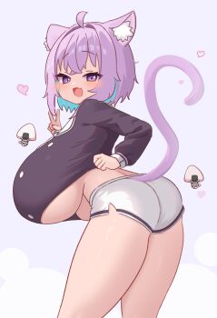 1girl ahoge ass blue_hair breasts cat_tail colored_inner_hair commentary_request fang gabai gigantic_breasts hair_intakes highres hololive legs long_sleeves looking_at_viewer looking_back medium_hair multicolored_hair nekomata_okayu open_mouth purple_eyes purple_hair short_shorts shorts sidelocks simple_background skin_fang solo tail two-tone_hair underboob v virtual_youtuber white_background white_shorts