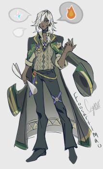 1boy absurdres cyno_(duolingo)_(genshin_impact) cyno_(genshin_impact) dark-skinned_male dark_skin genshin_impact hair_over_one_eye hand_up highres holding long_hair looking_at_viewer male_focus open_mouth red_eyes shirt simple_background white_hair white_shirt