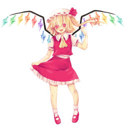 Rule 34 | 1girl, ascot, blonde hair, bow, chacapoco, crystal wings, dress, flandre scarlet, frilled dress, frills, full body, hat, hat bow, highres, mary janes, open mouth, puffy short sleeves, puffy sleeves, red eyes, shoes, short sleeves, simple background, solo, touhou, white background, white mob cap, yellow ascot