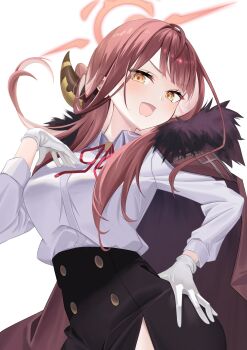 1girl :d aru_(blue_archive) black_skirt blue_archive blunt_bangs blush buttons coat coat_on_shoulders collared_shirt commentary cowboy_shot curved_horns demon_girl demon_horns double-breasted dress_shirt eyelashes floating_hair fur-trimmed_coat fur_trim gloves hair_on_horn halo hand_on_own_hip hand_up high-waist_skirt highres horns long_hair long_sleeves looking_at_viewer neck_ribbon open_mouth pink_hair pink_halo red_ribbon ribbon school_uniform shirt simple_background skirt smile smug solo tenki_nori tsurime v-shaped_eyebrows white_background white_gloves white_shirt yellow_eyes