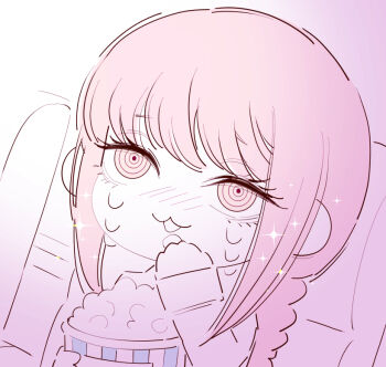 1girl chainsaw_man chibi chibi_only crying crying_with_eyes_open deer60868637 eating food long_hair long_sleeves makima_(chainsaw_man) movie_theater pink_hair popcorn ringed_eyes shirt sitting solo sparkle tears