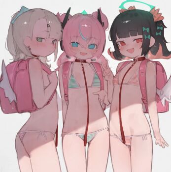 3girls :d aged_down angels_of_delusion aqua_hair aria_(human)_(zenless_zone_zero) aria_(zenless_zone_zero) ass backpack bag bdsm bikini black_hair blue_eyes collar flat_chest green_bikini green_eyes green_hair green_halo grey_background halo highres leash loli looking_at_viewer micro_bikini multicolored_hair multiple_girls nangong_yu open_mouth pink_hair randoseru red_bikini red_eyes red_hair short_hair simple_background slave smile striped_bikini striped_clothes sunna_(zenless_zone_zero) swimsuit two-tone_hair white_wings wings xaea_xp zenless_zone_zero