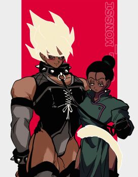 1boy 1girl absurdres alternate_costume alternate_skin_color aqua_pupils artist_name assertive_female black_bodysuit black_gloves blonde_hair blush bodysuit bracelet breasts cal_monssi chi-chi_(dragon_ball) coat collar cross-laced_clothes dark-skinned_female dark_skin dragon_ball dragonball_z earrings gloves gold_earrings gold_tail green_coat green_hairband grey_sleeves hair_bun hairband hand_on_another&#039;s_waist highres holding holding_leash husband_and_wife jewelry leash leggings looking_at_viewer loose_hair_strand lowered_eyelids mandarin_collar muscular muscular_male outline purple_trim sleeveless sleeveless_bodysuit smile son_goku spiked_bracelet spiked_collar spikes super_saiyan tail tail_around_another&#039;s_waist thighs two-tone_background white_outline