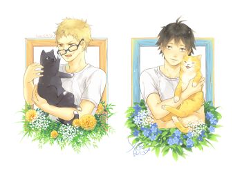 Rule 34 | 2boys, animal, black-framed eyewear, black cat, black hair, blonde hair, blue flower, cat, commentary request, dated, flower, flower request, freckles, haikyuu!!, holding, holding animal, holding cat, male focus, multiple boys, orange cat, shirt, short hair, signature, simple background, sua lucid, tsukishima kei, upper body, white background, white shirt, yamaguchi tadashi, yellow flower