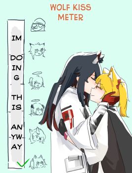 6+girls animal_ears arknights black_gloves black_hair blonde_hair blue_background blush checkmark closed_eyes emperor_(arknights) english_text exusiai_(arknights) exusiai_the_new_covenant_(arknights) giovanna_rossati_(arknights) gloves highres jacket kiss kiss_meter_(meme) kissing_cheek l4m_3139 lappland_(arknights) meme mostima_(arknights) multiple_girls red_gloves simple_background smile sora_(arknights) texas_(arknights) two_side_up white_jacket wolf_ears yuri