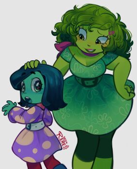 2girls alternate_hairstyle aqua_skin bandana belt bent_over blue_hair breasts cleavage colored_skin commentary disgust_(inside_out) dress english_commentary envy_(inside_out_2) green_belt green_dress green_eyes green_leggings green_skin grey_hair hair_ornament hairclip height_difference highres inside_out inside_out_2 leggings medium_breasts multiple_girls open_mouth polka_dot polka_dot_dress purple_bandana purple_dress red_leggings rerensai11 smile white_belt