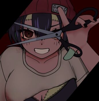 Rule 34 | beanie, black hair, bra visible through clothes, commentary, english commentary, hat, highres, izumo fuuko, red eyes, riikatopor12, scissors, shirt, stitched chest, stitched face, stitched fingers, stitches, undead unluck, white shirt
