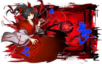 1girl alcohol bad_id bad_pixiv_id black_hair female_focus fingernails flat_chest gate ghost_tail hell highres horns japanese_clothes kankan33333 konngara_(touhou) long_fingernails long_sleeves looking_at_viewer nail_polish open_hand ponytail red_eyes red_nails red_theme sake sharp_fingernails sheath sheathed short_hair siddham single_horn smile solo sword torn_clothes touhou touhou_(pc-98) weapon wide_sleeves