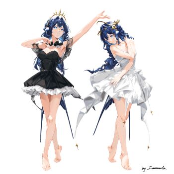 2girls absurdres animal_ears arknights astesia_(arknights) bare_legs bare_shoulders barefoot bird_ears bird_tail black_dress blue_eyes blue_hair collarbone dancer dancing detached_collar dress flower frills hair_flower hair_ornament hand_on_own_chest highres immeasurable long_hair multiple_girls outstretched_arm parted_lips see-through_clothes see-through_shawl shawl star_(symbol) tail tiptoes white_dress