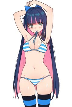 1girl absurdres armpits arms_up bikini blush bow bra bra_in_mouth breasts clothes_in_mouth cowboy_shot cowlick ebora eyeliner focused from_front green_eyes hair_bow hair_ornament hair_over_shoulder highres hip_bones large_breasts long_hair looking_up makeup multicolored_hair navel panties panty_&amp;_stocking_with_garterbelt pink_hair purple_hair shaded_face skindentation solo standing stocking_(psg) striped_bra striped_clothes striped_panties striped_thighhighs swimsuit tagme thighhighs two-tone_hair underwear white_background