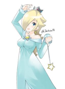 1girl bare_shoulders blonde_hair blue_eyes crown earrings female_focus hair_over_one_eye j@ck jewelry long_hair looking_at_viewer luma_(mario) mario_(series) nintendo rosalina smile solo star_(symbol) star_earrings super_mario_galaxy