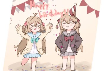 &gt;_&lt; 2girls :3 :d ahoge aqua_bow aqua_bowtie arms_up bare_legs barefoot black_cardigan blue_sailor_collar blue_serafuku blue_skirt bow bowtie brown_hair bunting cardigan closed_eyes closed_mouth confetti double-parted_bangs evil_neuro-sama facing_viewer grey_sailor_collar grey_serafuku grey_skirt hair_between_eyes hair_intakes hair_ribbon hands_on_own_hips happy_birthday hashtag-only_commentary highres kosame leg_up long_hair long_sleeves miniskirt multiple_girls neuro-sama open_mouth outstretched_arms pink_ribbon pleated_skirt red_bow red_bowtie red_ribbon ribbon sailor_collar school_uniform serafuku shadow siblings sisters skirt sleeves_past_wrists smile smug standing standing_on_one_leg twins two_side_up v-shaped_eyebrows vedal_ai very_long_hair yellow_background yellow_cardigan