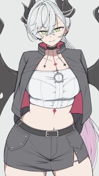 1girl absurdres azuki_(ne_4zk) black_jacket blush body_markings breasts choker closed_mouth crossed_bangs demon_girl demon_horns demon_wings ear_piercing fate/grand_order fate_(series) green_eyes grey_hair hair_between_eyes high_ponytail highres horns jacket large_breasts lilith_(fate) lilith_(over_the_same_sky)_(fate) long_hair long_sleeves piercing pointy_ears ponytail shirt smile solo thick_thighs thighs very_long_hair white_shirt wings