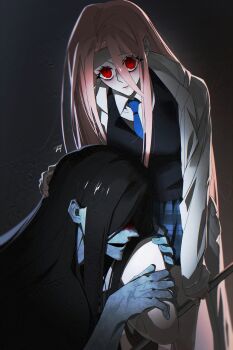 Rule 34 | 1boy, 1girl, absurdres, adashino adami, bbabbamis2, black hair, black sweater, blood, blood on face, coat, commentary request, crowbar, hand on another's head, highres, holding, holding another's leg, holding crowbar, homicipher, korean commentary, long hair, looking at viewer, mr. crawling, open clothes, open coat, pink hair, raincoat, red eyes, ringed eyes, school uniform, skirt, sweater, very long hair