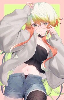 1girl absurdres alternate_costume black_choker black_hair black_pantyhose black_tube_top breasts choker closed_mouth denim denim_shorts fishnet_pantyhose fishnets glasses green_eyes green_hair grey_jacket hair_between_eyes highres jacket long_hair long_sleeves looking_at_viewer melissa_kinrenka midriff multicolored_hair navel nijisanji open_clothes open_jacket orange_hair pantyhose short_shorts shorts simple_background single_leg_pantyhose sleeves_past_wrists solo strapless tube_top unbuttoned virtual_youtuber white_hair yazune