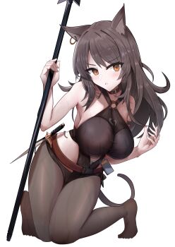 1girl absurdres animal_ear_fluff animal_ear_piercing animal_ears arknights bare_shoulders breasts brown_hair brown_pantyhose commentary_request commission full_body highres holding knife large_breasts lastmatch500 long_hair looking_at_viewer no_shoes o-ring orange_eyes pantyhose parted_lips simple_background skeb_commission skyfire_(arknights) solo wet wet_clothes white_background