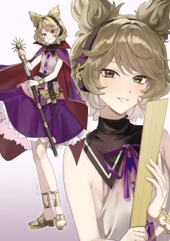 1girl cape commentary earmuffs full_body gradient_background highres holding holding_staff looking_at_viewer multiple_views onnoji_mi pink_background pink_shirt purple_cape purple_skirt sandals shirt short_hair skirt sleeveless sleeveless_shirt smile spiked_hair staff standing touhou toyosatomimi_no_miko twitter_username upper_body