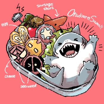 >_< 1boy bento cani captain_america's_shield commentary_request deadpool english_text fangs fins fish_tail food gills heart highres iron_man jeff_(marvel) lettuce looking_at_viewer lying male_focus marvel mjolnir_(marvel) notice_lines omelet on_back open_mouth pink_background shark shark_fin shark_tail smile spider-man tail tamagoyaki tomato vegetable