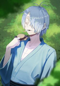 1boy absurdres black_eyes blurry blurry_background collared_shirt commentary_request gegege_no_kitarou grey_hair hair_over_one_eye highres japanese_clothes kitarou_tanjou:_gegege_no_nazo long_sleeves magurosamm male_focus medama_oyaji_(human) outdoors over_shoulder pectoral_cleavage pectorals shirt short_hair smoking solo upper_body wide_sleeves