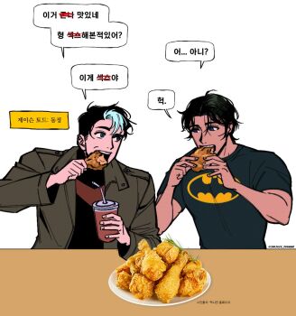 2boys bat_signal batman_symbol bodysuit brothers chicken_(food) chicken_leg dick_grayson eating fast_food food fried_chicken jason_todd jimjack_johnnie kfc male_focus multiple_boys muscular muscular_male red_hood_(dc) short_hair siblings superhero_costume taut_bodysuit