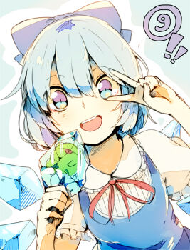 ! !! blue_bow blue_dress blue_eyes blue_hair blue_theme bow cirno close-up commentary_request dress fairy holding_ice ice ice_wings lace_trim looking_at_viewer multicolored_eyes neck_ribbon purple_eyes red_ribbon ribbon shiu_(pika) smile touhou trapped two-tone_eyes v wings