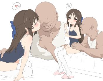 1boy 1girl age_difference bald blue_bow blue_one-piece_swimsuit bow brown_hair faceless faceless_male hair_bow half_updo heart hetero highres idolmaster idolmaster_cinderella_girls kiss kissing_cheek loli long_hair mature_male multiple_views one-piece_swimsuit school_swimsuit sincos slippers spoken_heart spoken_squiggle squiggle swimsuit tachibana_arisu tank_top thighhighs thumbs_up very_long_hair white_tank_top white_thighhighs