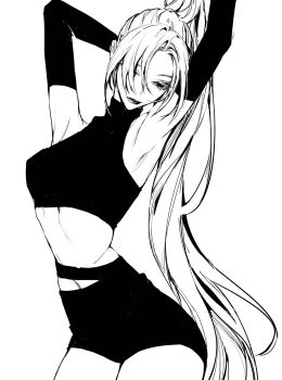 1girl arched_back armpits arms_up breasts closed_mouth cowboy_shot cropped_shirt greyscale hair_between_eyes highres lips long_hair looking_down medium_breasts midriff monochrome original parted_bangs shirt short_shorts shorts simple_background sleeveless sleeveless_shirt solo teeniika turtleneck turtleneck_shirt very_long_hair white_background