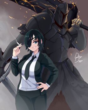 1boy 1girl absurdres armor asymmetrical_dual_wielding black_armor black_hair black_jacket black_necktie black_pants blazer breastplate chainsaw_man cigarette collared_shirt colored_skin commentary_request cowboy_shot crossover dark_souls_(series) dark_souls_ii drogo_doggo dual_wielding eyepatch fire formal_clothes fume_knight greatsword green_eyes grey_skin grin highres himeno_(chainsaw_man) holding holding_cigarette jacket looking_at_viewer necktie open_clothes open_jacket pants pauldrons shirt short_hair shoulder_armor signature smile spanish_commentary suit sword weapon white_shirt