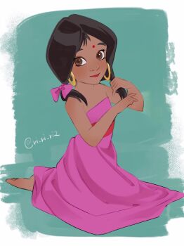 1girl bare_arms bare_shoulders barefoot bindi black_hair border bow brown_eyes closed_mouth dark-skinned_female dark_skin dress earrings facial_mark forehead_mark green_background hair_bow hand_in_own_hair highres hoop_earrings jewelry kneeling light_blush low_twintails pink_bow pink_dress red_lips ri_ri_ri2 shanti solo strapless strapless_dress tan the_jungle_book twintails twitter_username white_border