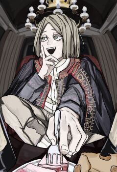 1boy axis_powers_hetalia black_cape black_skirt blonde_hair cake cake_slice cape chair chandelier cheese fingernails food fork green_eyes grey_pants hand_on_own_face hand_up highres holding holding_fork indoors kiguchi05 long_sleeves looking_to_the_side male_focus on_chair open_clothes open_mouth open_shirt pants plate poland_(hetalia) shirt short_hair sitting skirt smile socks solo teeth white_shirt white_socks
