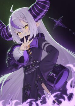 1girl absurdres ahoge belt black_background black_belt black_horns black_nails blush braid braided_bangs buttons coat coat_dress collar commentary_request cuffs demon_girl demon_horns double-breasted dress dutch_angle fang feet_out_of_frame fire floating_hair from_below grey_hair grin harness highres hololive horns huge_horns la+_darknesss la+_darknesss_(1st_costume) layered_sleeves light_particles long_hair long_sleeves looking_at_viewer looking_down loose_hair_strand metal_collar middle_w multicolored_hair multicolored_horns nail_polish neckerchief o-ring o-ring_harness pointy_ears puffy_long_sleeves puffy_sleeves purple_coat purple_fire purple_horns purple_streaks shirt side_slit sidelocks single_hair_streak single_sleeve_past_fingers slit_pupils smile solo streaked_hair striped_horns tail tsubasasekai two-tone_hair v-shaped_eyebrows very_long_hair virtual_youtuber w white_shirt wide_sleeves yellow_eyes yellow_neckerchief
