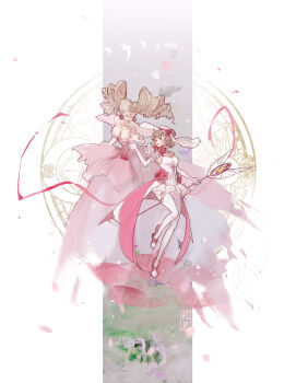 Rule 34 | 2girls, absurdres, aged up, alternate costume, bare shoulders, bird, blonde hair, breasts, brown hair, cardcaptor sakura, chinese commentary, choker, cleavage, closed eyes, collarbone, collarbone tattoo, commentary request, dress, dress flower, drill hair, earrings, elbow gloves, facial mark, falling petals, floating, flower, flower (clow card), flower choker, flower earrings, forehead mark, frilled dress, frilled sleeves, frills, full body, gloves, gown, green eyes, hair pulled back, hand up, hat, hat flower, highres, holding, holding wand, hoshi no tsue, iyi3d, jewelry, kinomoto sakura, long hair, looking at another, looking to the side, magic circle, magic circle background, medium breasts, multicolored shoes, multiple girls, off-shoulder dress, off shoulder, overskirt, petals, pink choker, pink dress, pink flower, pink ribbon, pink rose, pink shoes, reaching, reaching towards another, red lips, ribbon, rose, seal impression, shoes, short dress, short hair, short sleeves, single-shoulder dress, single bare shoulder, smile, spaghetti strap, sun hat, swallow (bird), thighhighs, twin drills, two-tone dress, two-tone shoes, wand, white background, white dress, white gloves, white hat, white shoes, white thighhighs