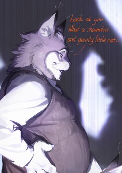 2boys 9x8bit absurdres animal_ears cat_boy cat_ears claws commentary english_commentary english_text furry furry_male hand_on_own_hip highres looking_at_another male_focus milton_lynxley multiple_boys open_mouth pawbert_lynxley shadow shirt sleeveless sleeveless_sweater sweater upper_body whiskers white_shirt zootopia