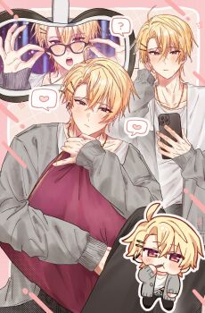 1boy ? blonde_hair blush chibi chibi_inset closed_mouth glasses grey_jacket hair_ornament hairclip heart highres holding holding_phone holding_pillow jacket jewelry long_sleeves looking_at_viewer male_focus mizuki_rui_(tokyo_debunker) necklace phone pillow purple_eyes roro_tkdb solo tokyo_debunker