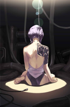1girl absurdres back bare_shoulders barefoot cable cyborg ghost_in_the_shell ghost_in_the_shell:_stand_alone_complex highleg highleg_leotard highres kusanagi_motoko leotard medium_hair purple_hair science_fiction silent-bird sitting spotlight wire