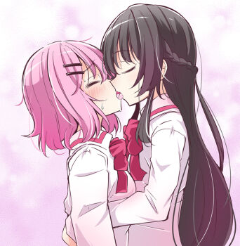 2girls amaori_renako black_hair blush bow bowtie braid closed_eyes collared_shirt commentary_request french_kiss half_up_braid hand_on_another&#039;s_waist hug ichimi kiss koto_satsuki long_hair medium_hair multiple_girls pink_bow pink_bowtie pink_hair shirt sweat tongue tongue_out watashi_ga_koibito_ni_nareru_wake_naijan_murimuri! white_shirt yuri
